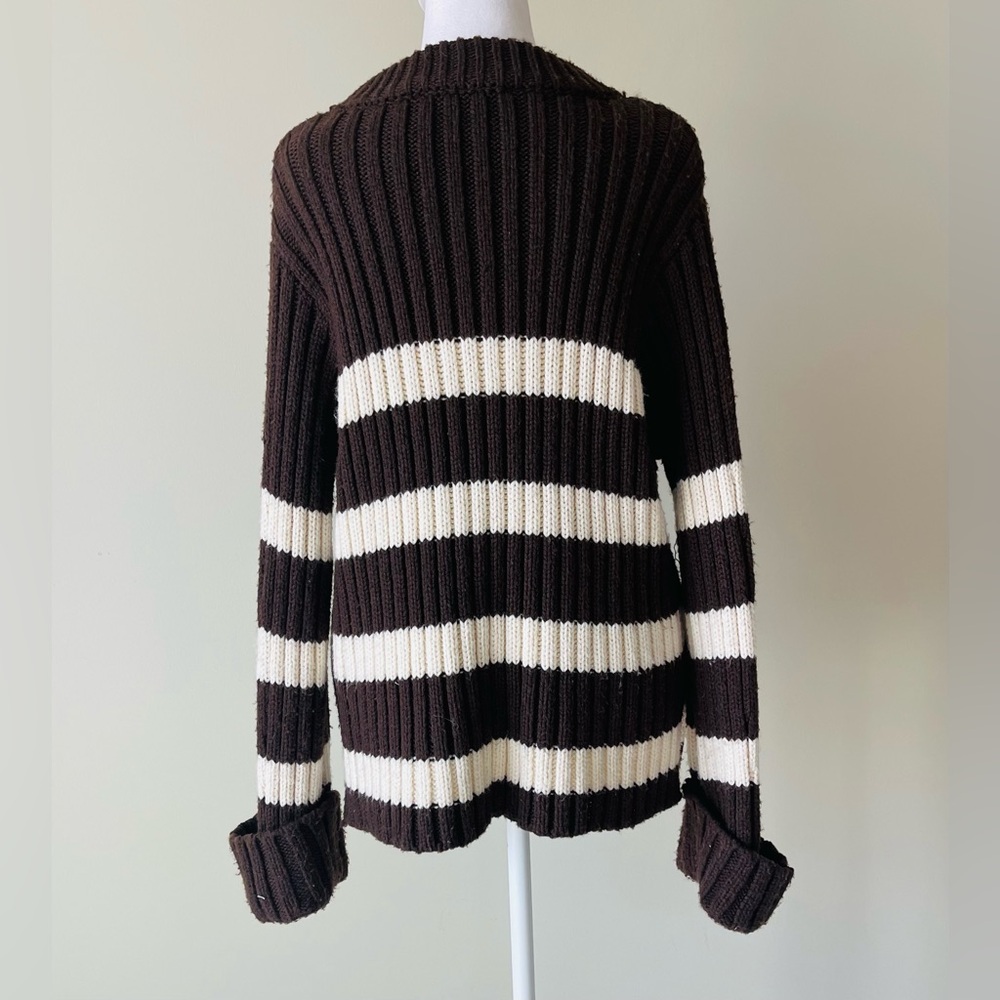 Zara Brown and Cream Striped Long Sleeve Crewneck thick Ribbed Sweater EUC - Picture 5 of 7